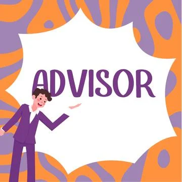 Text caption presenting Advisor. Word for Give advice recommendation assistance Stock Illustration