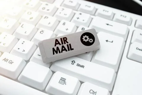 Text caption presenting Air Mail. Business approach the bags of letters and 库存照片