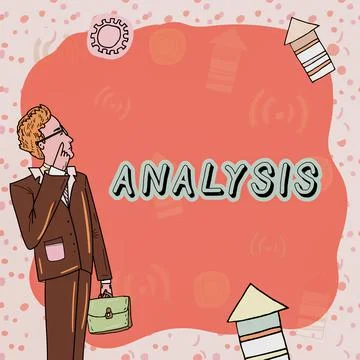 Text caption presenting Analysis. Word Written on process of breaking complex Illustration