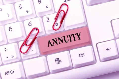 Text caption presenting Annuity. Business idea fixed sum of money paid to Foto stock