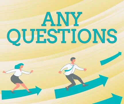 Text caption presenting Any Questions. Business overview Clueless Blank face Stock Illustration