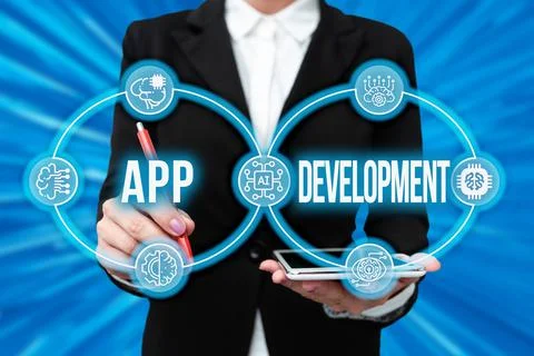 Text caption presenting App Development. Word Written on the act or process by Stockfoto's