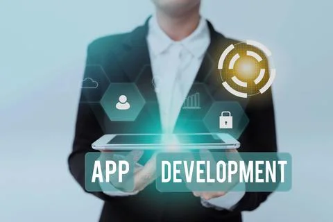 Text caption presenting App Development. Internet Concept Development services Foto stock