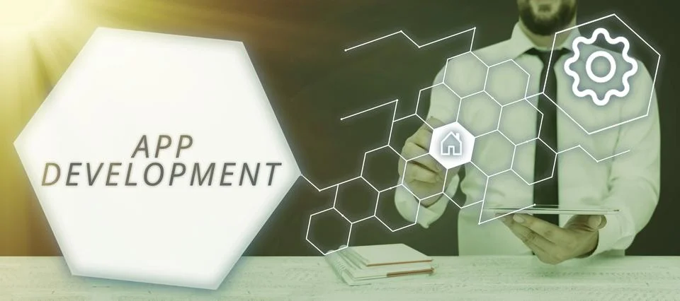 Text caption presenting App Development. Business idea producing computer 库存照片