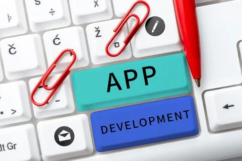 Text caption presenting App Development, Word Written on producing computer s Stock Photos