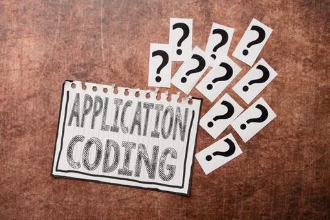 Text caption presenting Application Coding. Word Written on process by which a 스톡 사진