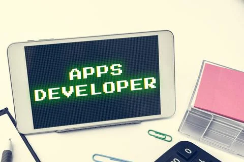 Text caption presenting Apps Developer. Business idea Graphic artist Software Stock Photos