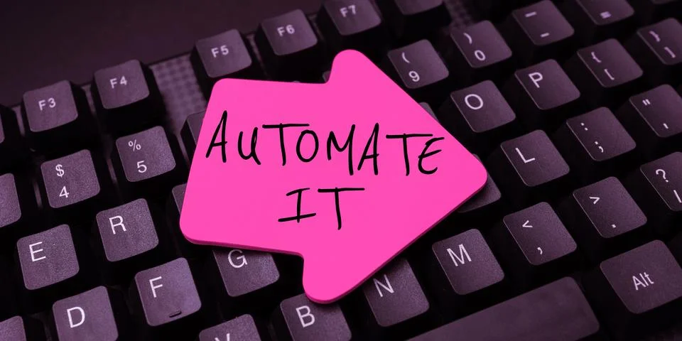 Text caption presenting Automate It. Word for convert process or facility to be Foto stock