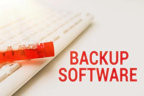 Text caption presenting Backup Software. Word for create extra exact copies of Foto stock