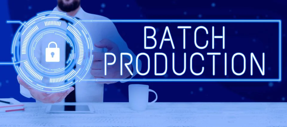 Text caption presenting Batch Production. Concept meaning mental illness that Stockfoto's