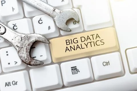 Text caption presenting Big Data AnalyticsThe process of examining large and Stock Photos