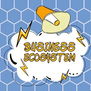 Text caption presenting Business Ecosystem. Business idea Develop and Implement Illustrazione stock