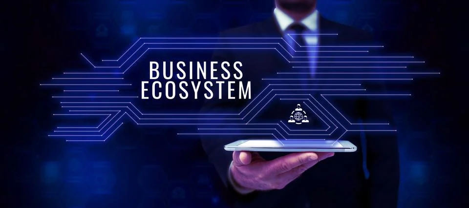 Text caption presenting Business Ecosystem. Business idea Develop and Implement Stock Photos