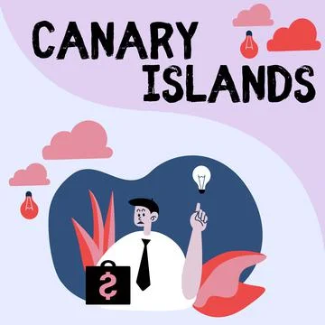 Text caption presenting Canary Islands. Word for a group of mountainous islands Illustration