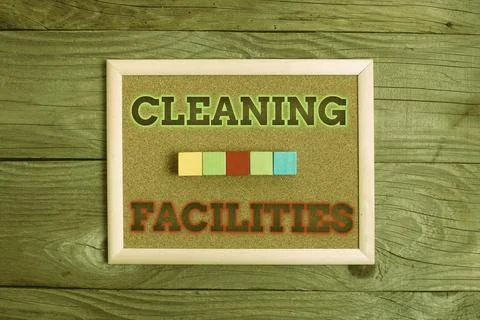 Text caption presenting Cleaning Facilities. Word Written on Place or equipment Stockfoto's