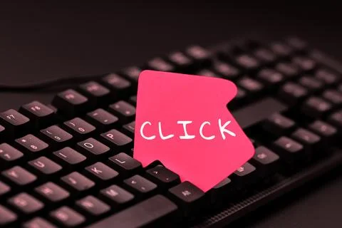 Text caption presenting Click. Conceptual photo Act of pressing a button on a Stock Photos