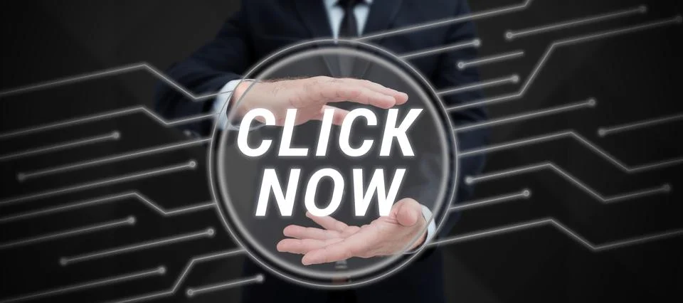 Text caption presenting Click Now. Word for pressing the button signifies Stock Photos
