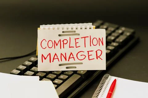 Text caption presenting Completion Manager. Word for oversees all aspects of Stock Photos