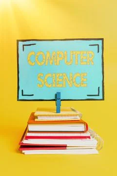 Text caption presenting Computer Science. Word Written on study of both computer Stock Photos