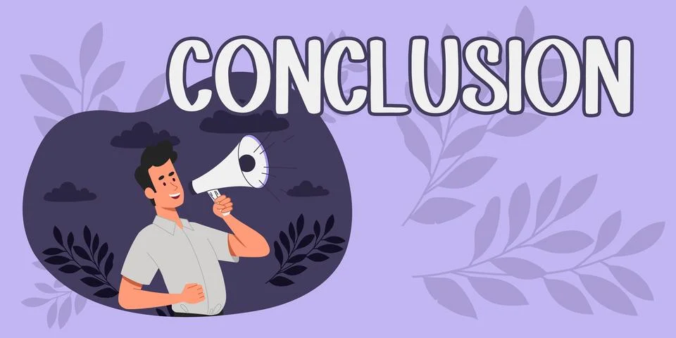 Text caption presenting Conclusion. Business concept Results analysis Final Ilustración de archivo