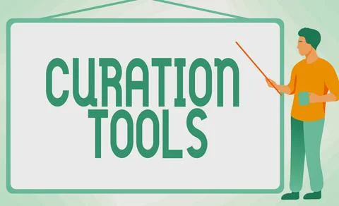 Text caption presenting Curation Tools. Word Written on Software used in Ilustração Stock