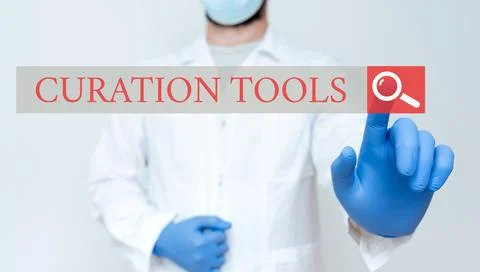 Text caption presenting Curation Tools. Concept meaning Software used in Stock Photos