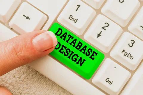 Text caption presenting Database Design. Word for organisation of data according Foto stock