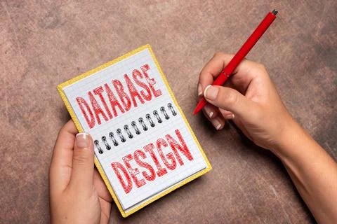 Text caption presenting Database Design. Word for organisation of data according Foto stock