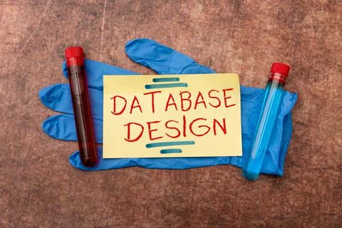 Text caption presenting Database Design. Word for organisation of data according Foto stock