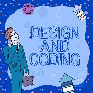 Text caption presenting Design And Coding. Business overview HTML and Stock Illustration