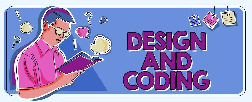 Text caption presenting Design And Coding. Word Written on HTML and programming Stock Illustration