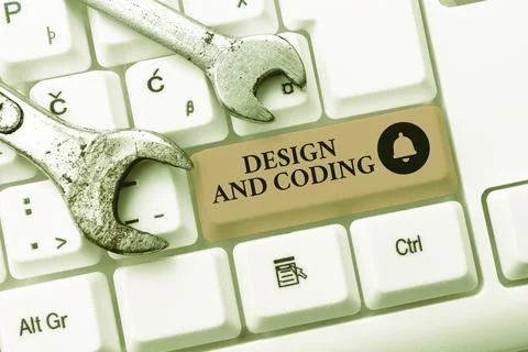 Text caption presenting Design And Coding. Word Written on HTML and programming Stock Photos