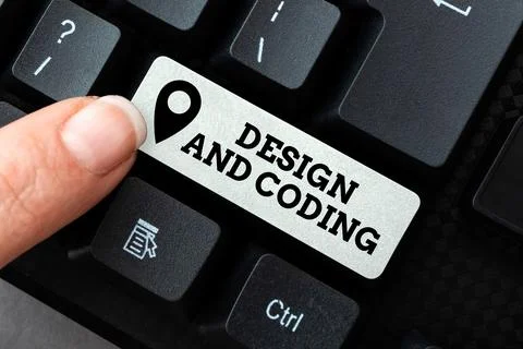 Text caption presenting Design And Coding. Word Written on HTML and programming 스톡 사진