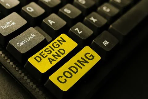 Text caption presenting Design And Coding. Concept meaning HTML and programmi 写真素材