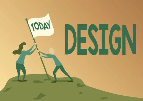 Text caption presenting Design. Word for plan drawing produced to show look Stock Illustration