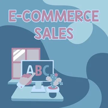 Text caption presenting E Commerce Sales. Word Written on activity of buying or Illustrazione stock
