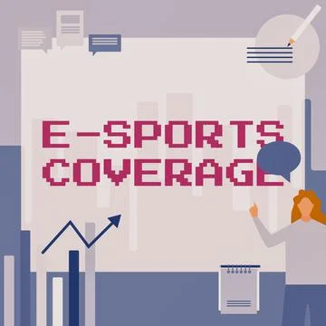Text caption presenting E Sports Coverage. Internet Concept Reporting live on Stock Illustration