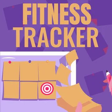 Text caption presenting Fitness Tracker. Conceptual photo device that records a Illustrazione stock