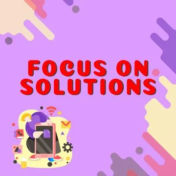 Text caption presenting Focus On Solutions. Business overview powerful practical 库存插图