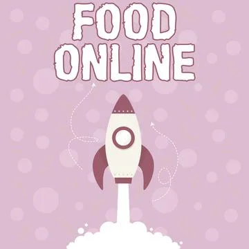 Text caption presenting Food Online. Concept meaning variety of food set up in a Illustrazione stock