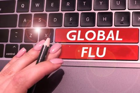 Text caption presenting Global Flu. Business overview Common communicable Stock Photos