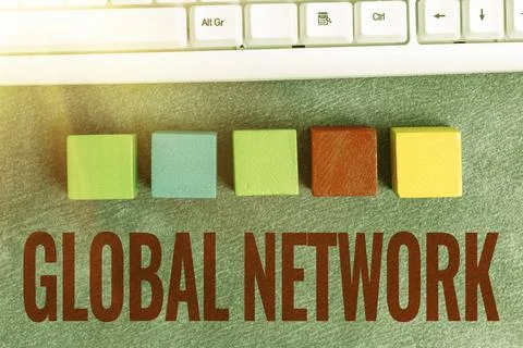 Text caption presenting Global Network. Word for Any communication system which Stockfoto's