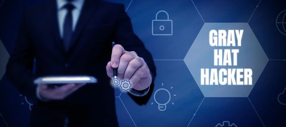Text caption presenting Gray Hat Hacker. Word for Computer security expert who Stock Photos