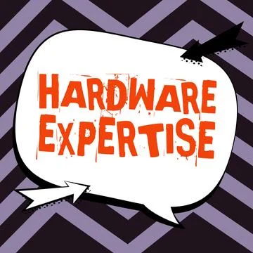 Text caption presenting Hardware Expertise. Conceptual photo machines and other Stock Illustration