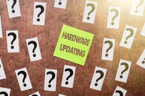 Text caption presenting Hardware Updating. Word for process of replacing a Stock Photos