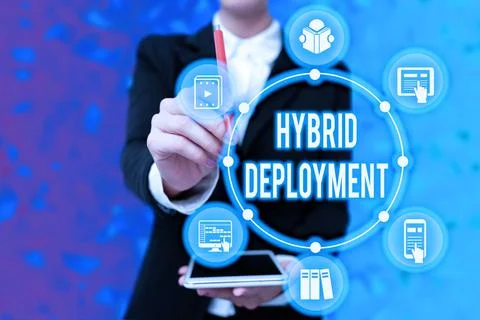 Text caption presenting Hybrid Deployment. Word Written on a combination of Stock Photos