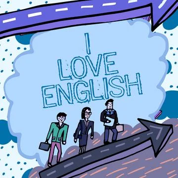 Text caption presenting I Love English. Concept meaning To have affection for Stock Illustration