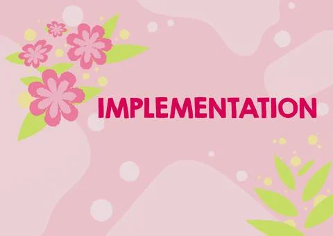 Text caption presenting Implementation. Word for The process of making something Illustrazione stock