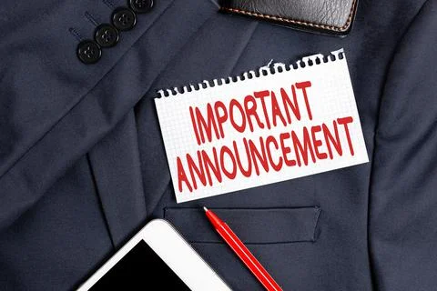 Text caption presenting Important Announcement. Word for spoken statement that Fotos de archivo