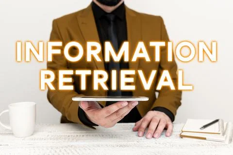 Text caption presenting Information Retrieval. Word for A place where data are Stock Photos